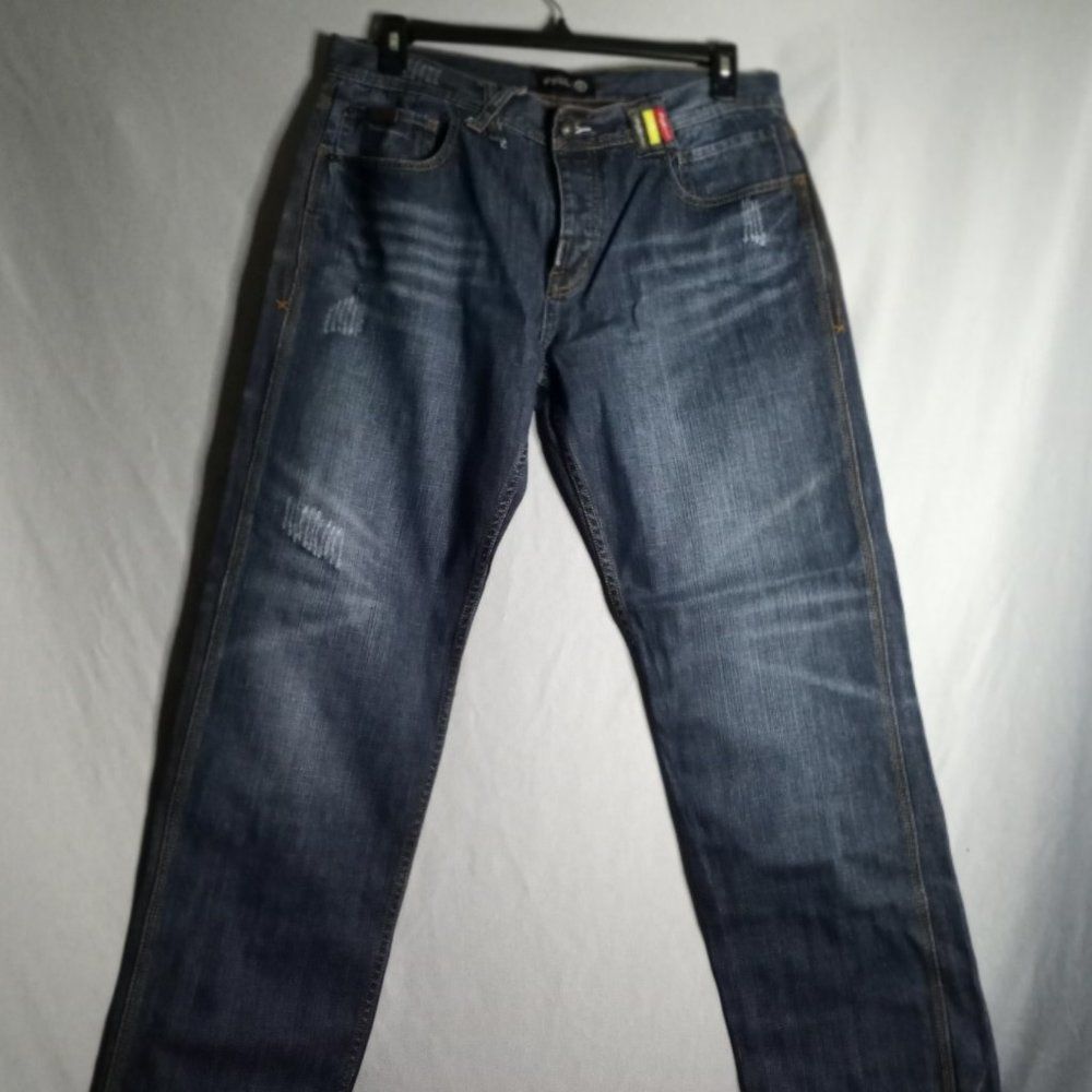LRG Roots+Equipment Button Fly Men's Straight Leg Distress Faded Jeans 38x32